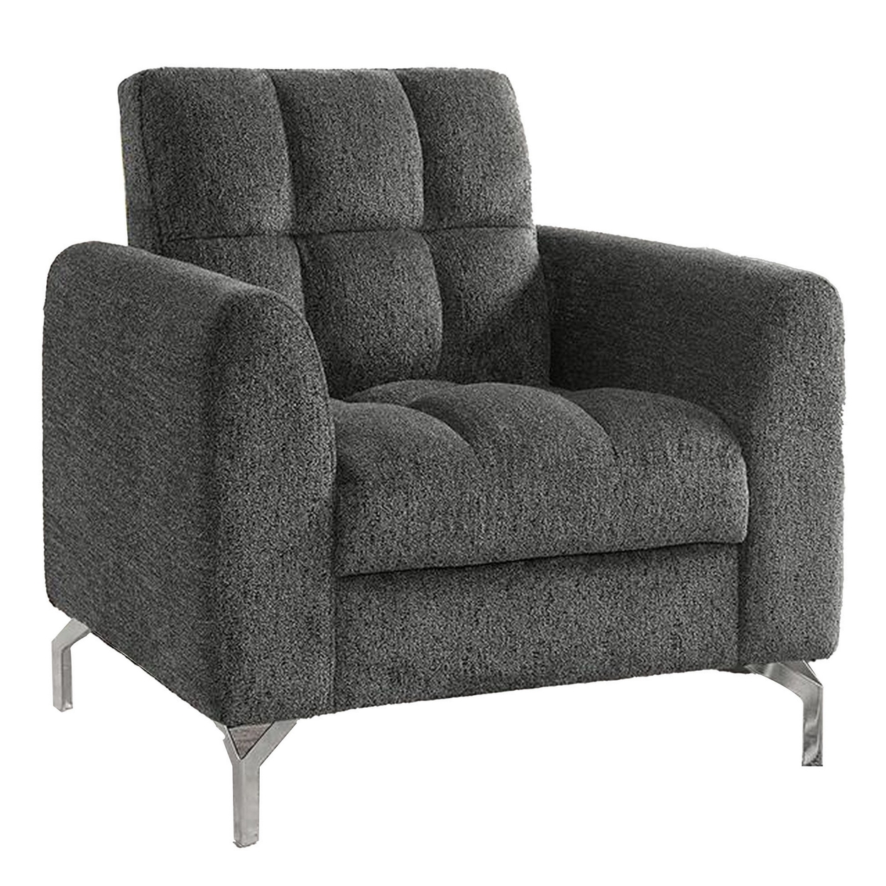 Lupe 35 Inch Chair, Biscuit Tufted, Chrome Legs, Gray Chenille Upholstery - Saltoro Sherpi