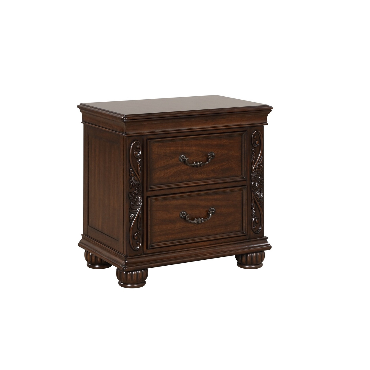 Akil 27 Inch Nightstand, 2 Drawers, Floral Carved Classic Cherry Brown Wood -Saltoro Sherpi