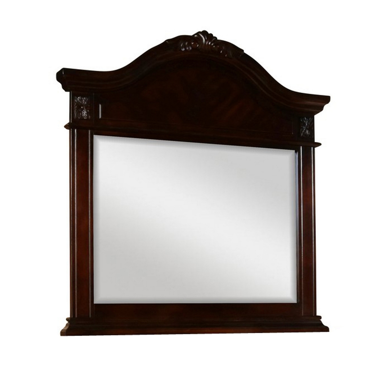 Fay 42 X 44 Dresser Mirror, Arched Hand Carved Frame, Dark Brown Maple Wood -Saltoro Sherpi
