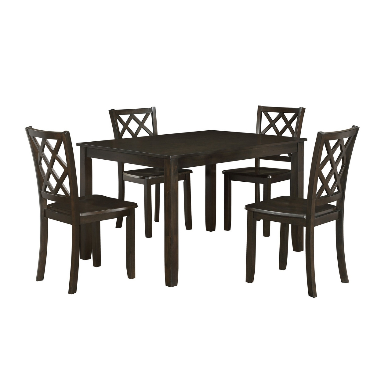 Ava 5pc Dining Table Set, 4 Lattice Back Chairs, Brown Rubberwood Frame -Saltoro Sherpi