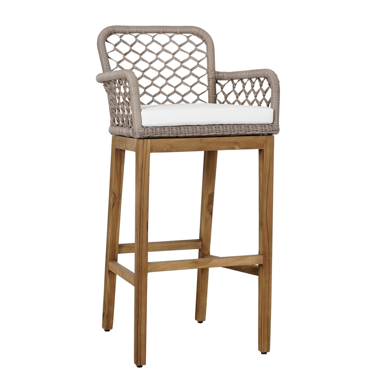 Aok 33 Inch Outdoor Barstool Chair, Gray Woven Rope, Curved Back, Brown Teak -Saltoro Sherpi