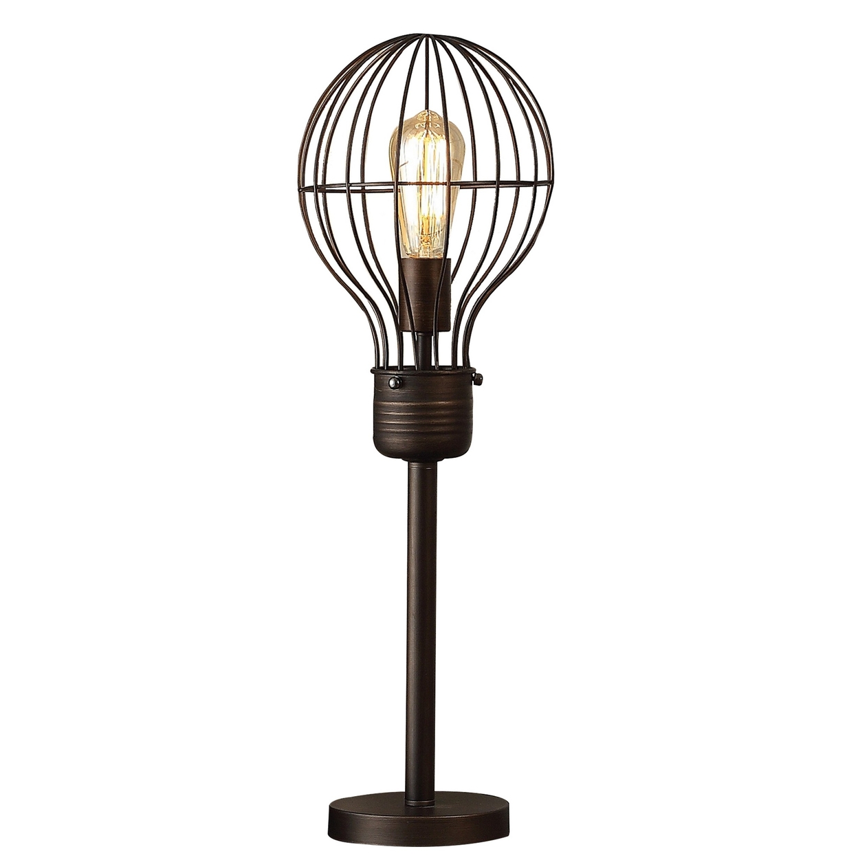 26 Inch Table Lamp, Industrial Wire Cage Shade, Metal, Antique Bronze -Saltoro Sherpi