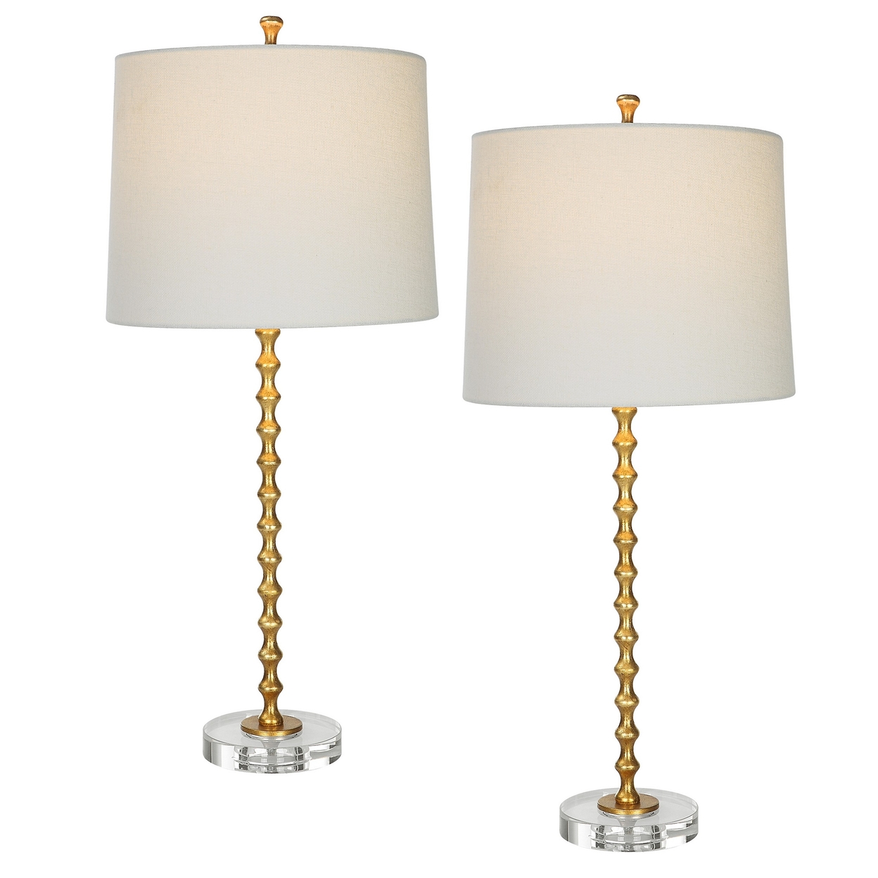 29 Inch Table Lamp, Set Of 2, White Tapered Shade, Gold Leaf, Round Base -Saltoro Sherpi