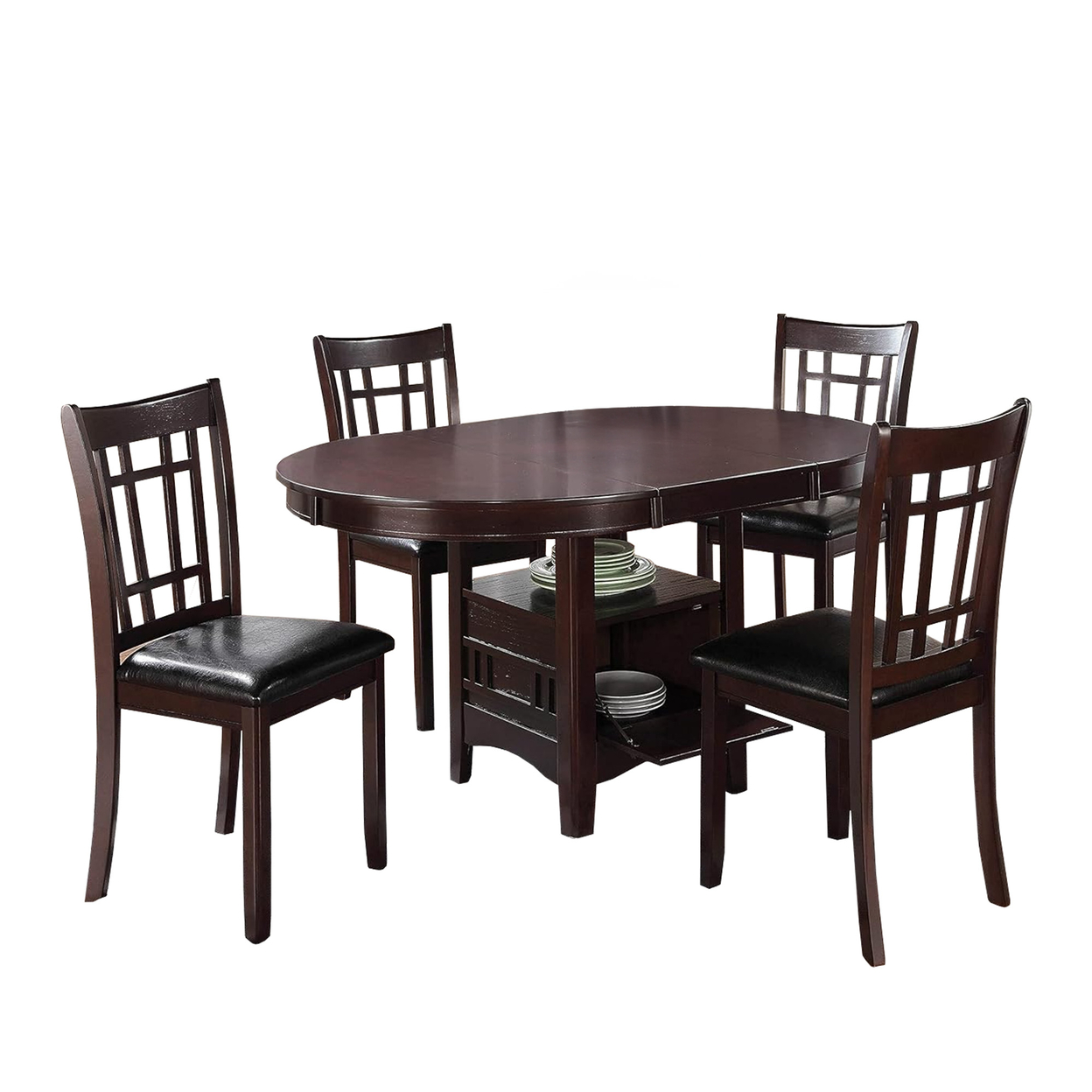 5 Piece Dining Set, 42 Inch Round Extendable Table With 4 Chairs, Espresso -Saltoro Sherpi