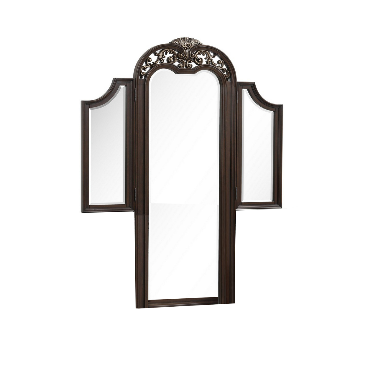 Liana 64 Inch Vanity Table Mirror, 3 Panels, Crown Carvings And Scrollwork -Saltoro Sherpi