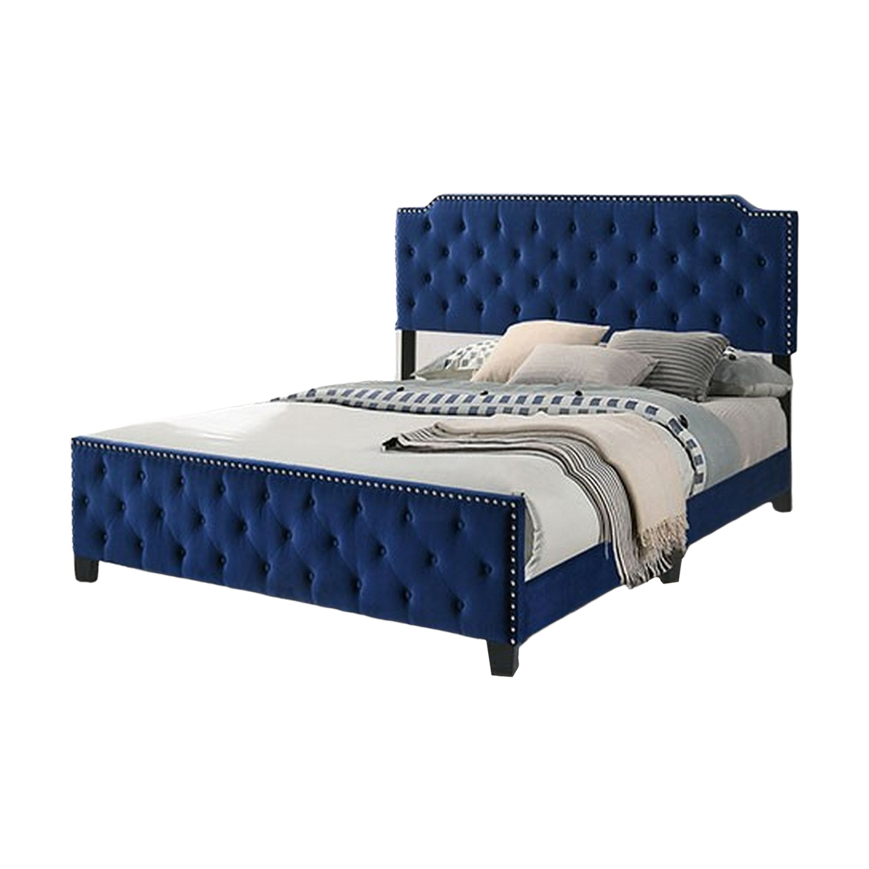 Agapi California King Bed, Button Tufted, Nailhead Trim, Navy Upholstery - Saltoro Sherpi