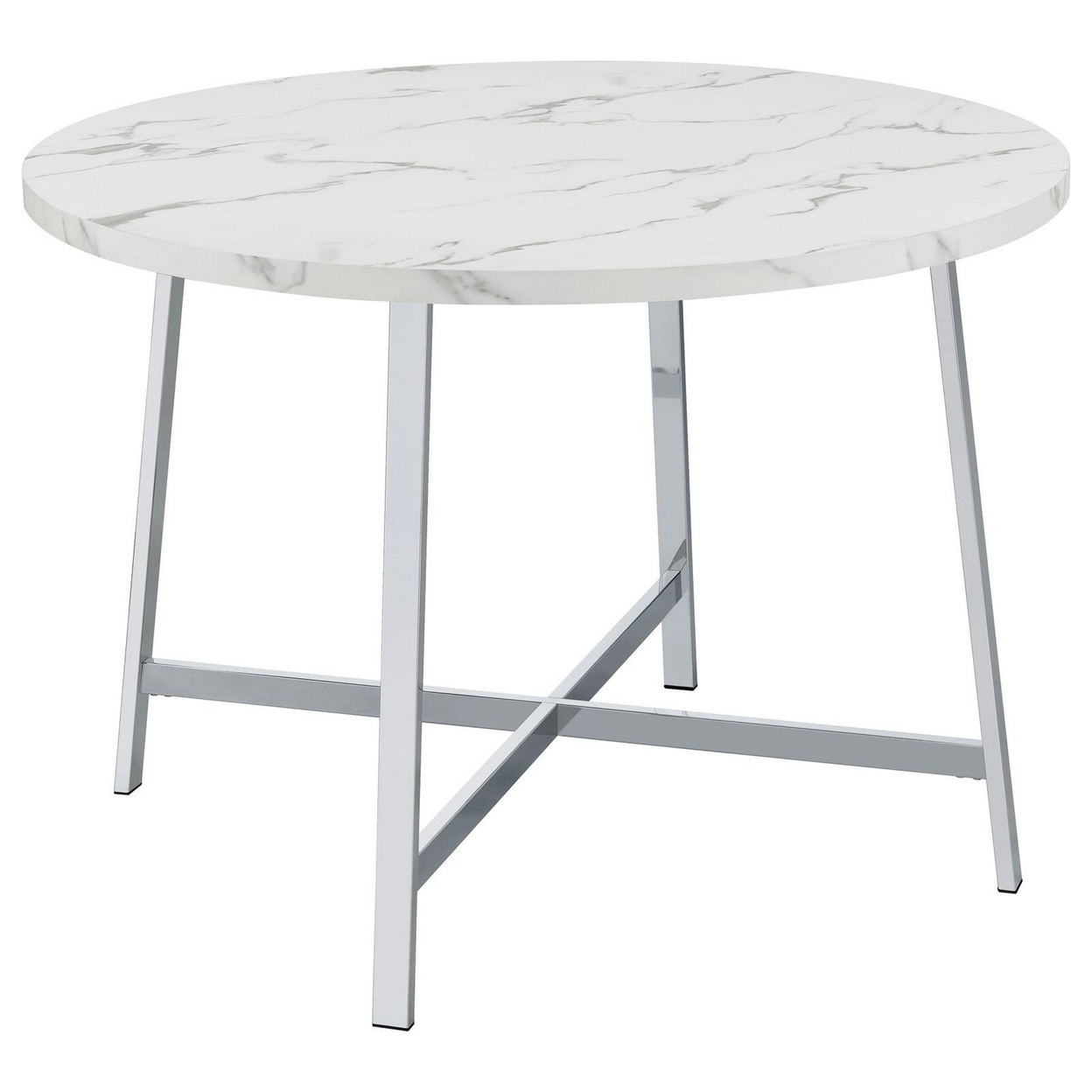 45 Inch Dining Table, Faux Carrara Round Marble Top, Chrome Metal Legs -Saltoro Sherpi