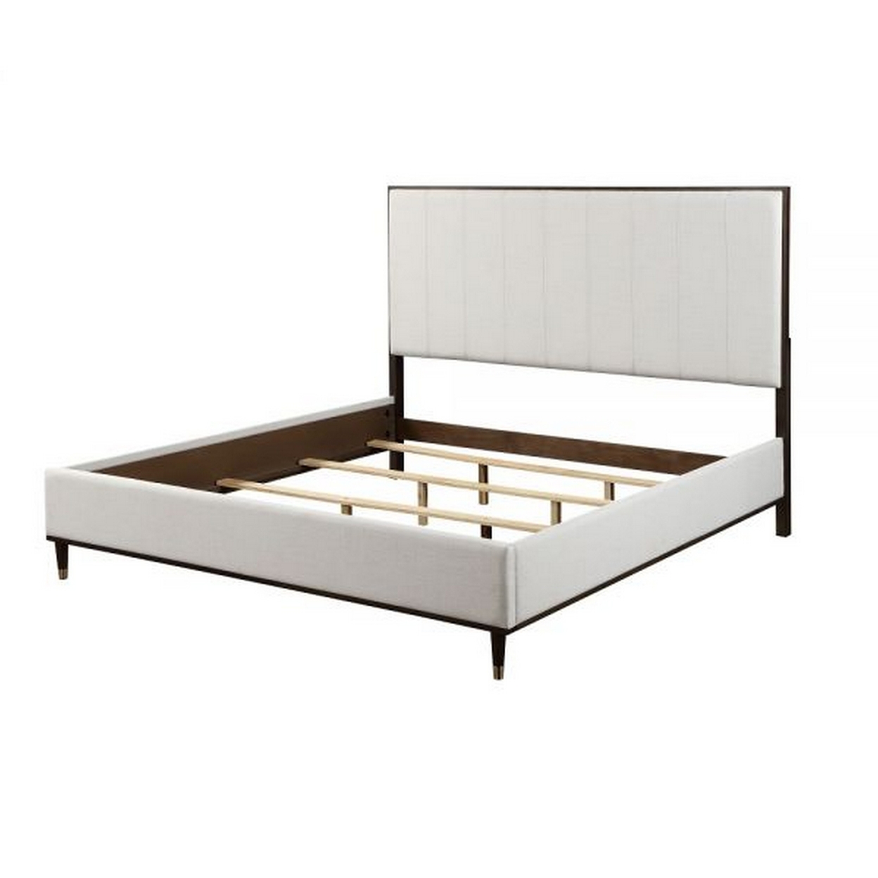 Aren Queen Bed, Light Gray Fabric Upholstery, Crisp White And Smooth Brown -Saltoro Sherpi