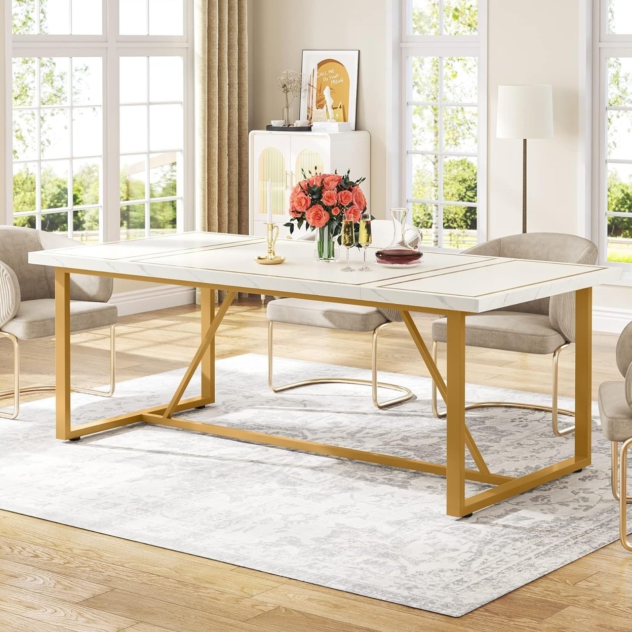 Tribesigns 70.86 Dining Table For 6 To 8, Modern Kitchen Table Dining Room Table, Rectangle White Dinner Table With Gold Meta Base