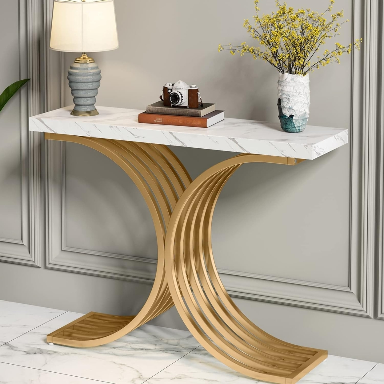 Tribesigns Entryway Console Table With Gold Metal Base, 39 Modern Foyer Entry Tables, Narrow Sofa Accent Table With Faux Marble Top - White