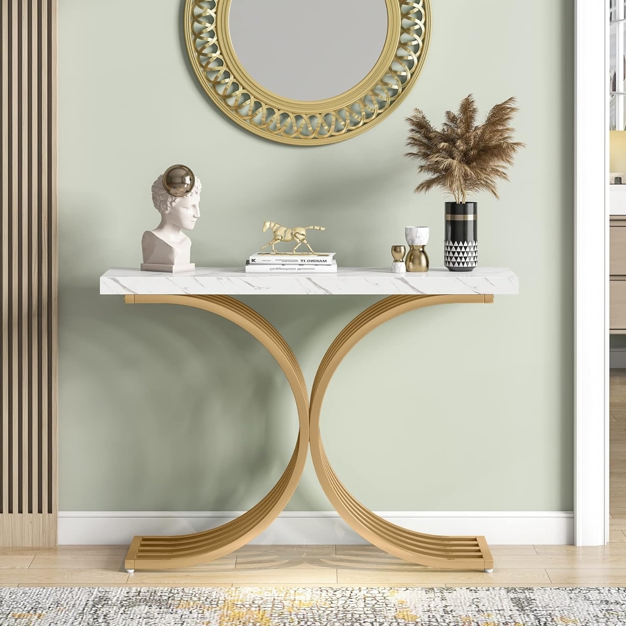 Tribesigns Entryway Console Table With Gold Metal Base, 39 Modern Foyer Entry Tables, Narrow Sofa Accent Table With Faux Marble Top - Black