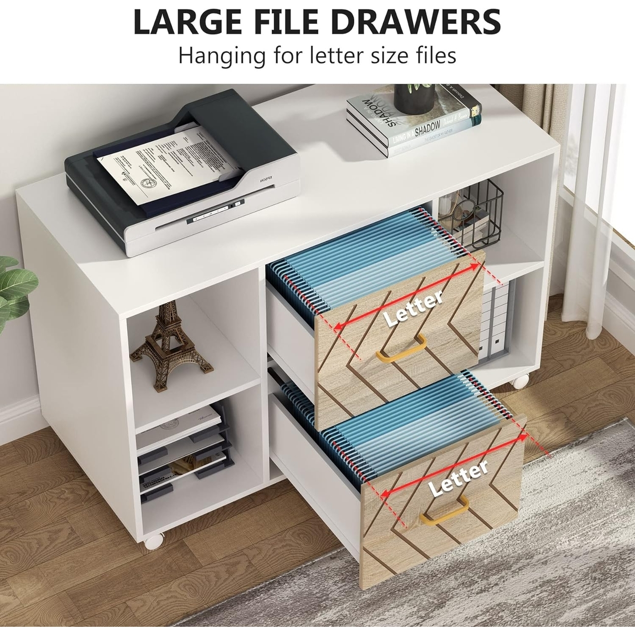 Tribesigns 2 Drawer File Cabinet, Large Mobile Lateral Filing Cabinet For Letter Size, Printer Stand With Storage Shelves & Rolling Wheels