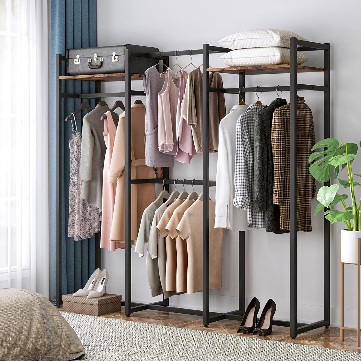 Tribesigns Garment Rack Heavy Duty Clothes Rack, Free Standing Closet Organizer With Shelves And Hanging Rod - Rustic Brown & Black