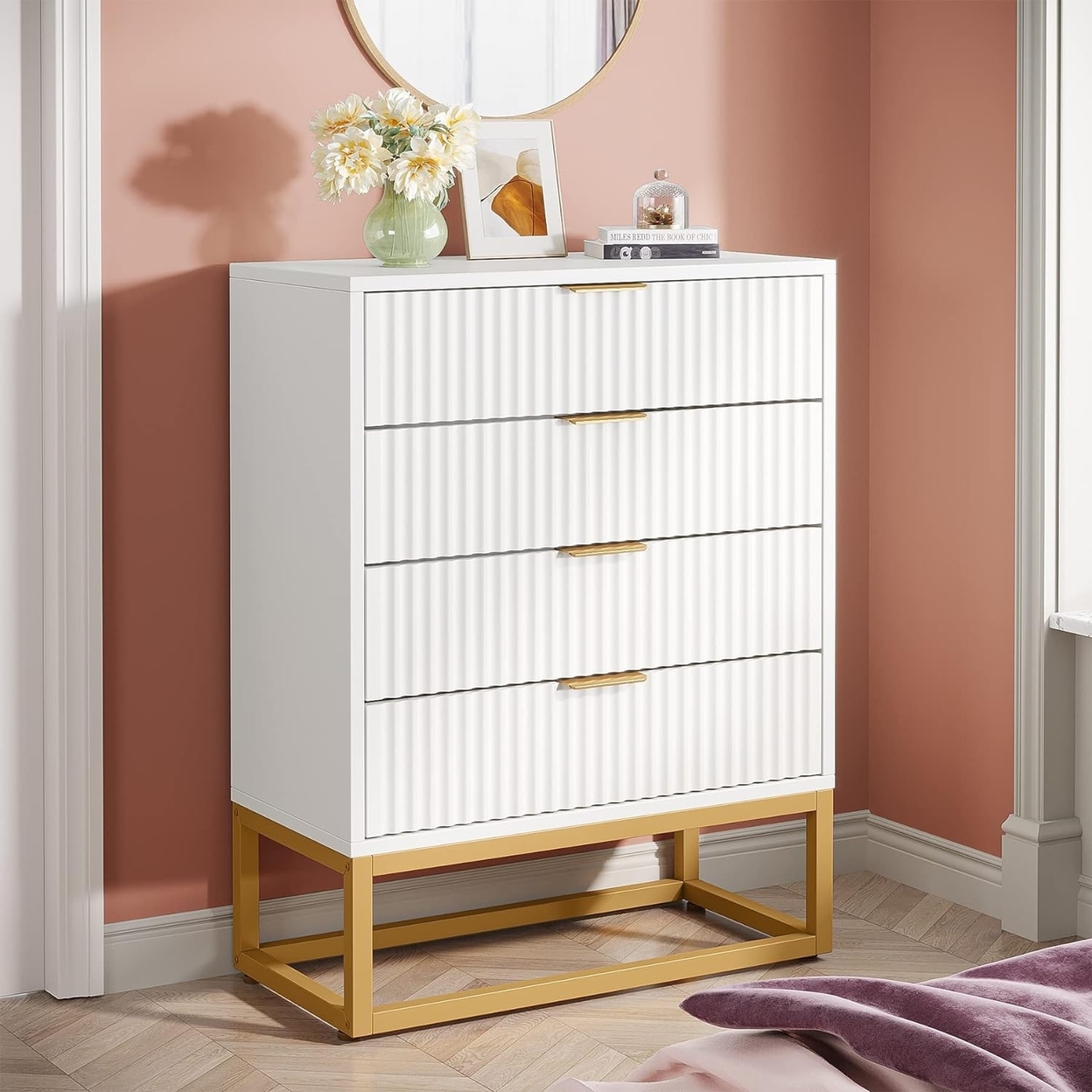 Tribesigns 4 Drawers Dresser, Modern Dressers With Fluted Panel And Metal Frame, Wood Storage Chest Of Drawers - White & Gold, 1pc
