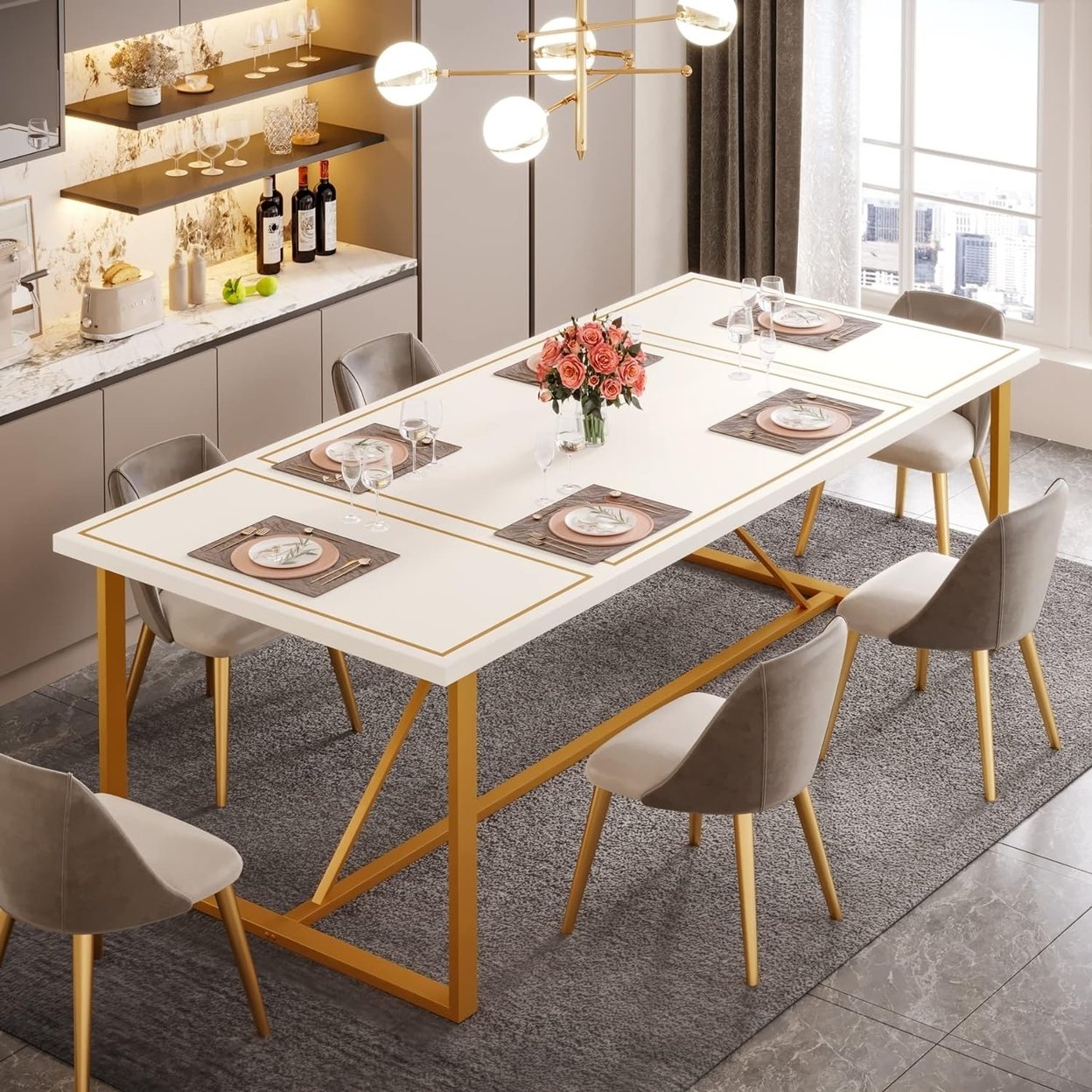 Tribesigns 70.86 Dining Table For 6 To 8, Modern Kitchen Table Dining Room Table, Rectangle White Dinner Table With Gold Meta Base