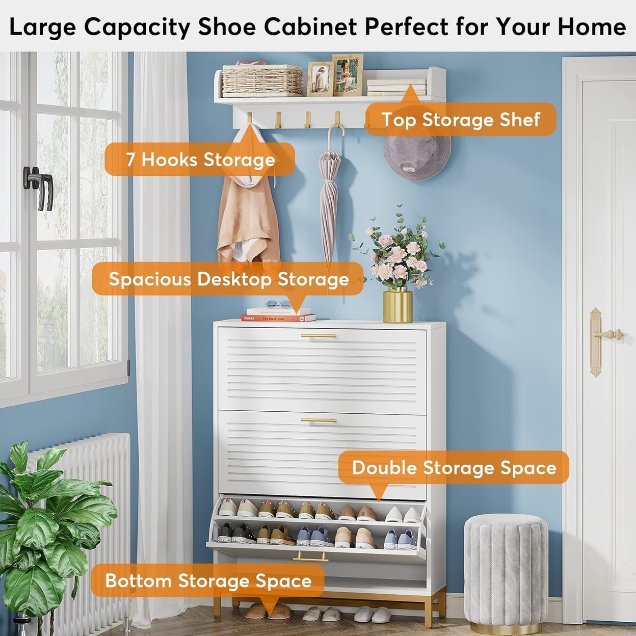 Tribesigns Shoe Cabinet, Shoe Storage Cabinet With Wall Mounted Coat Rack, Modern Shoes Organizer Cabinets With 3 Flip Drawers