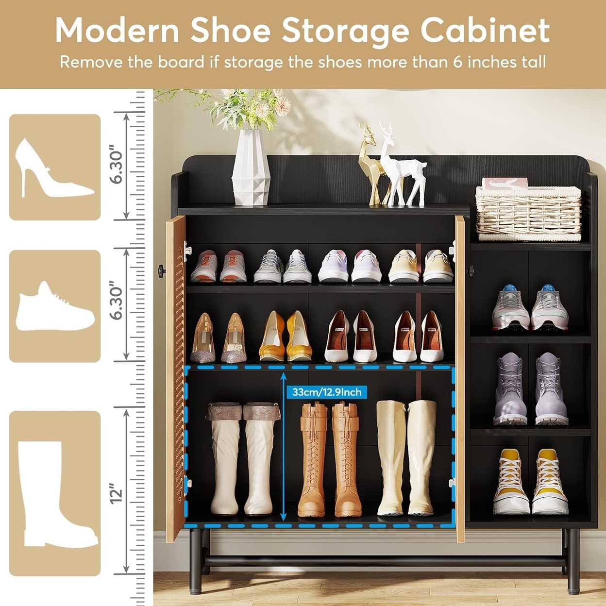 Tribesigns Rattan Shoe Cabinet, Shoe Storage Cabinet With 2 Rattan Door And 4-Tier Open Shelves, Wood Shoe Organizer Cabinet