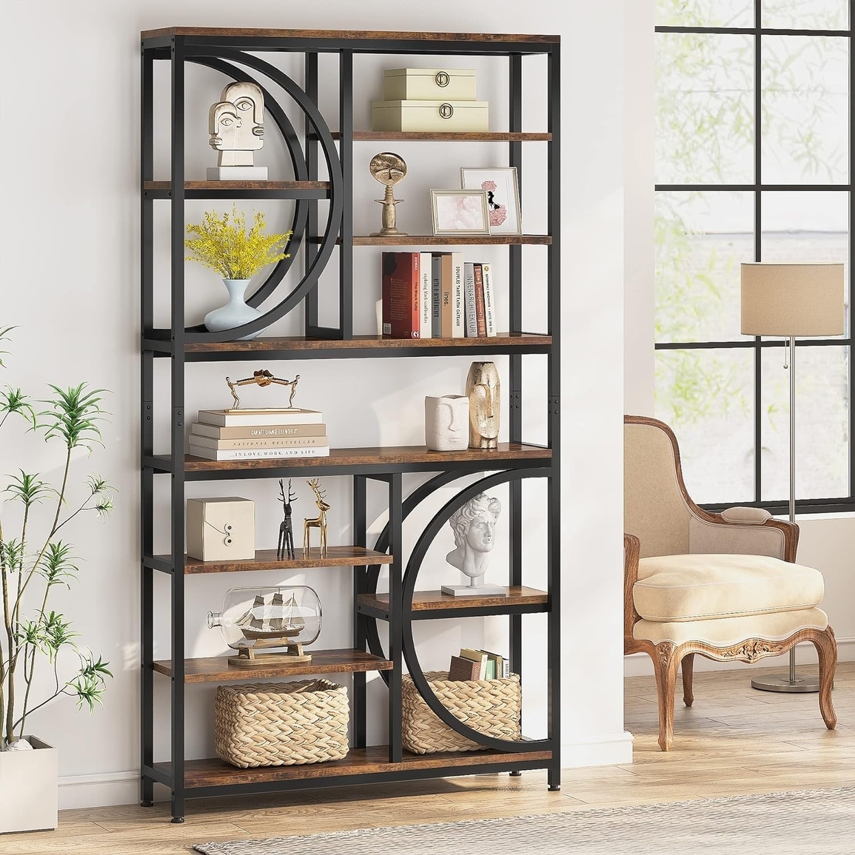 Tribesigns Industrial 8-Tier Etagere Bookcases, 77 Tall Book Shelf Open Display Shelves, Wood Look Accent Shelving Unit With Metal Frame -