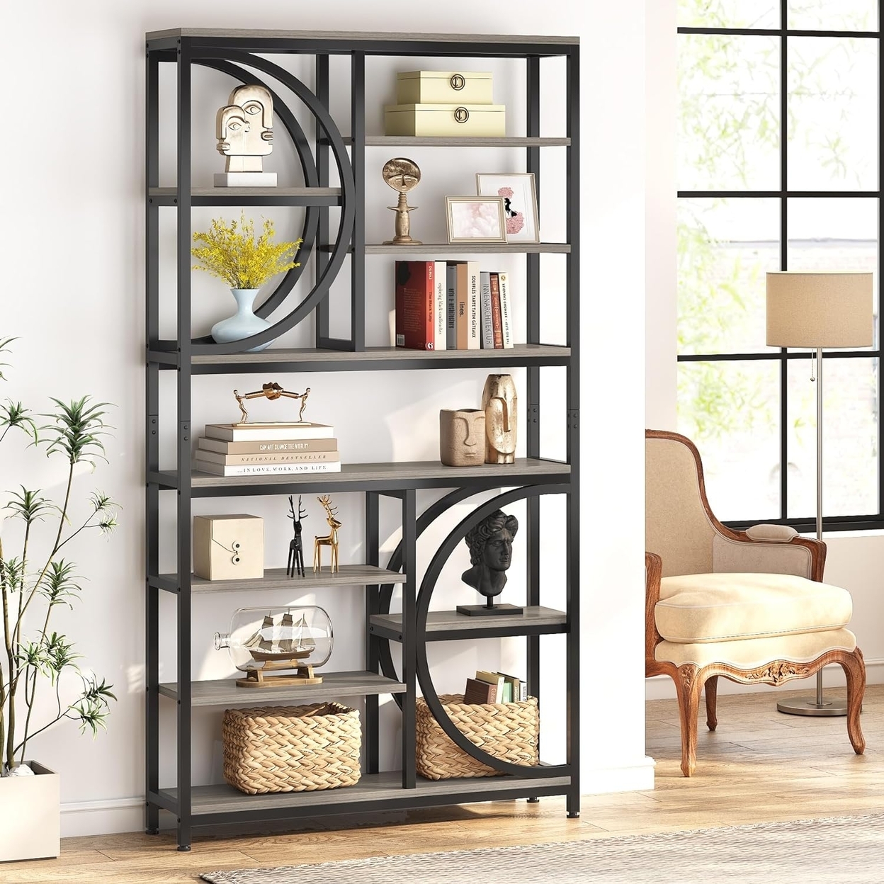 Tribesigns Industrial 8-Tier Etagere Bookcases, 77 Tall Book Shelf Open Display Shelves, Wood Look Accent Shelving Unit With Metal Frame -
