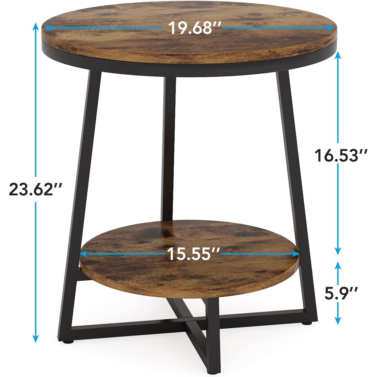 Tribesigns End Table, 2 Tier Round Side Table With Storage Shelf, Industrial Nightstand Bedside Table Coffee Accent Table - Rustic Brown, 2p