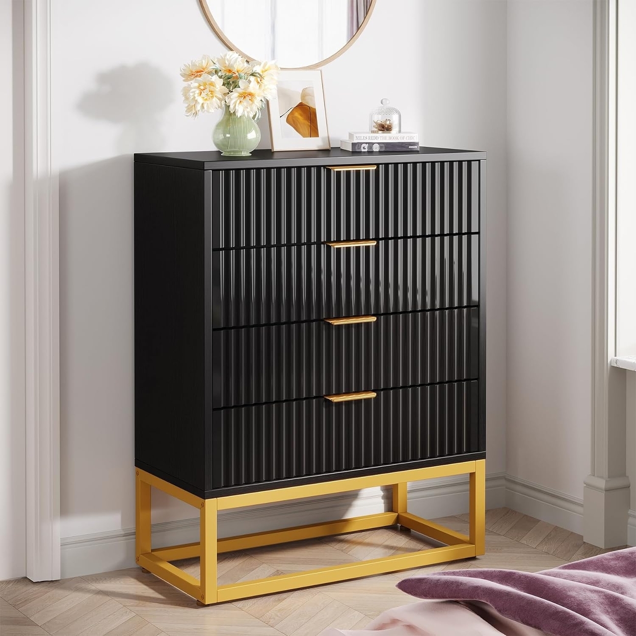 Tribesigns 4 Drawers Dresser, Modern Dressers With Fluted Panel And Metal Frame, Wood Storage Chest Of Drawers - Black & Gold, 1pc