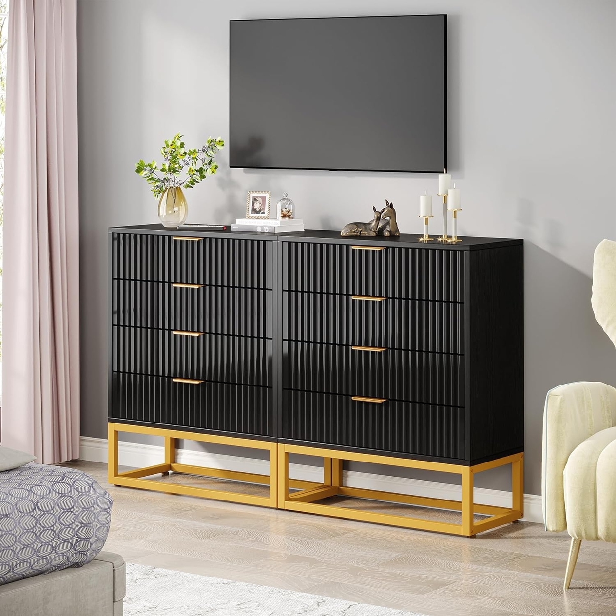 Tribesigns 4 Drawers Dresser, Modern Dressers With Fluted Panel And Metal Frame, Wood Storage Chest Of Drawers - Black & Gold, 2pcs