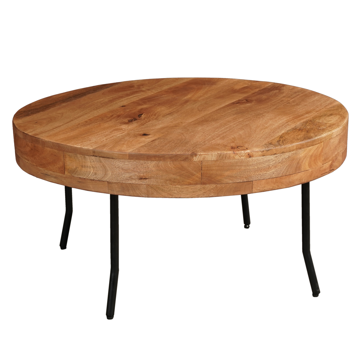 32 Inch Coffee Table, Handcrafted Mango Wood Round Top, Black Metal Angled Legs - Saltoro Sherpi