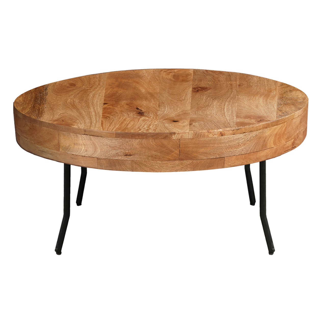 32 Inch Coffee Table, Handcrafted Mango Wood Round Top, Black Metal Angled Legs - Saltoro Sherpi