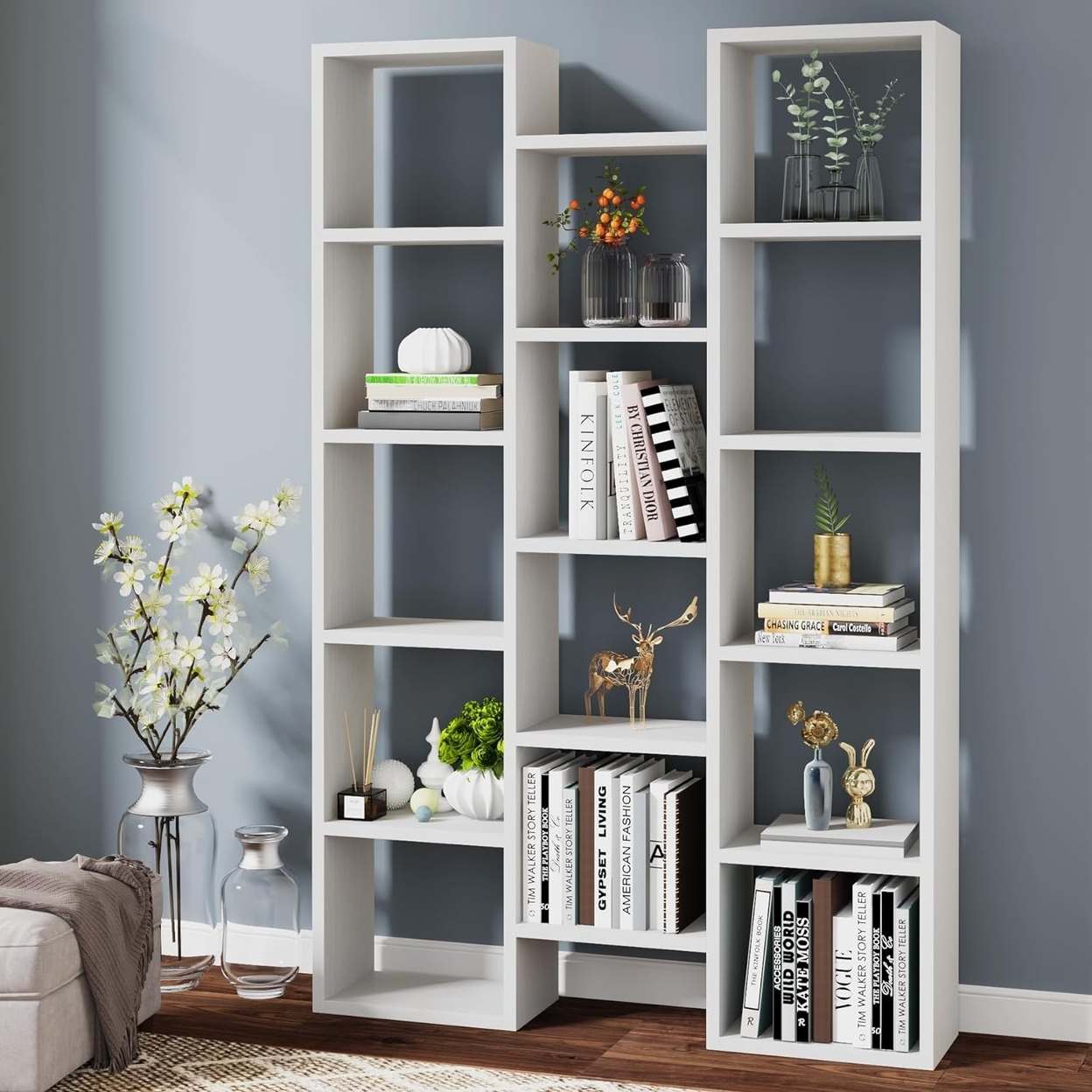 Tribesigns Modern Bookcase, 5-Shelf Storage Organizer Bookshelf With 14-Cube Display Book Shelf - White