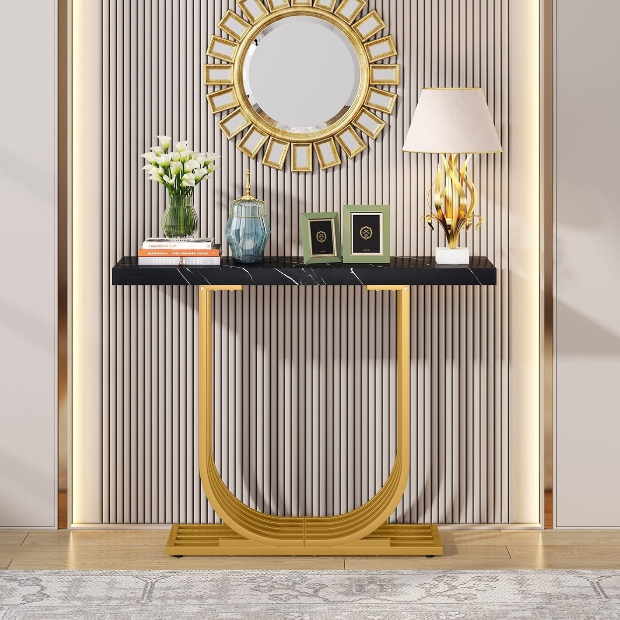 Tribesigns Modern Console Table With Gold Base, 39.37 Faux Marble Entryway Foyer Table, Narrow Sofa Accent Table With Geometric Metal Legs