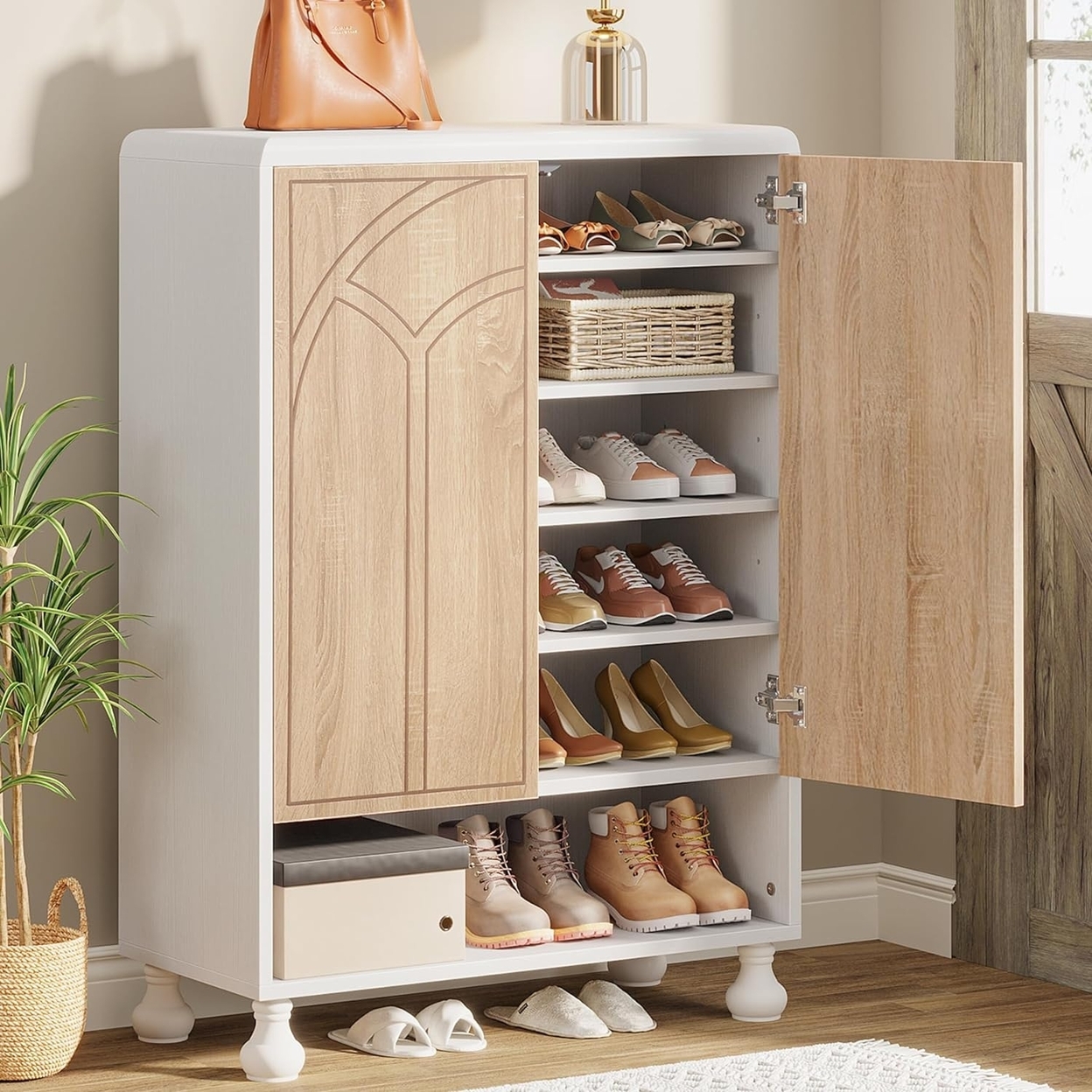 Tribesigns Shoe Storage Cabinet, 24 Shoes Organizer Cabinet With Door, White Freestanding Shoe Storage, 6 Tiers Modern Wood Shoe Rack