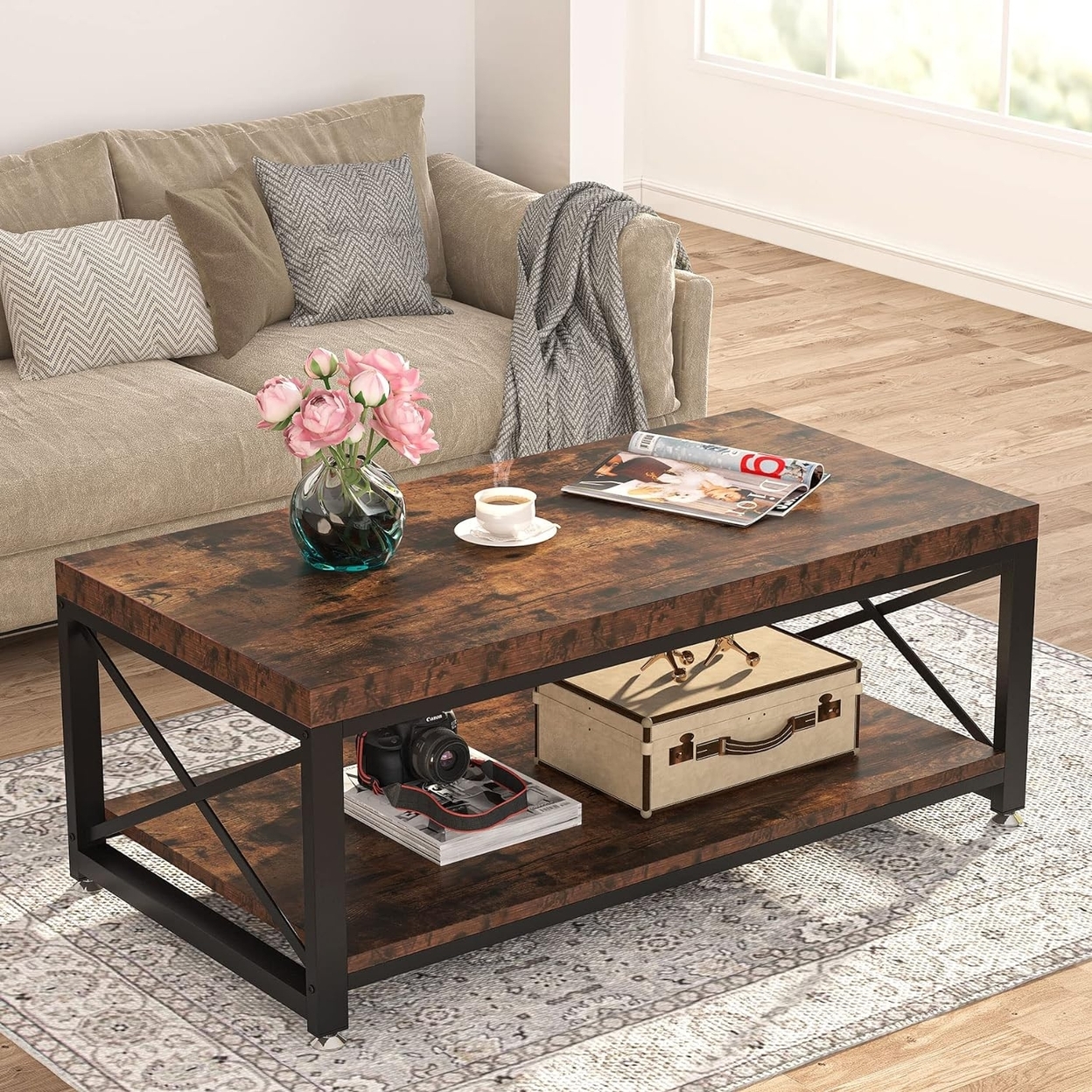Tribesigns 43 Coffee Table With Storage Shelf For Living Room, 2 Tier Rectangle Center Table With X-Shaped Steel Frame