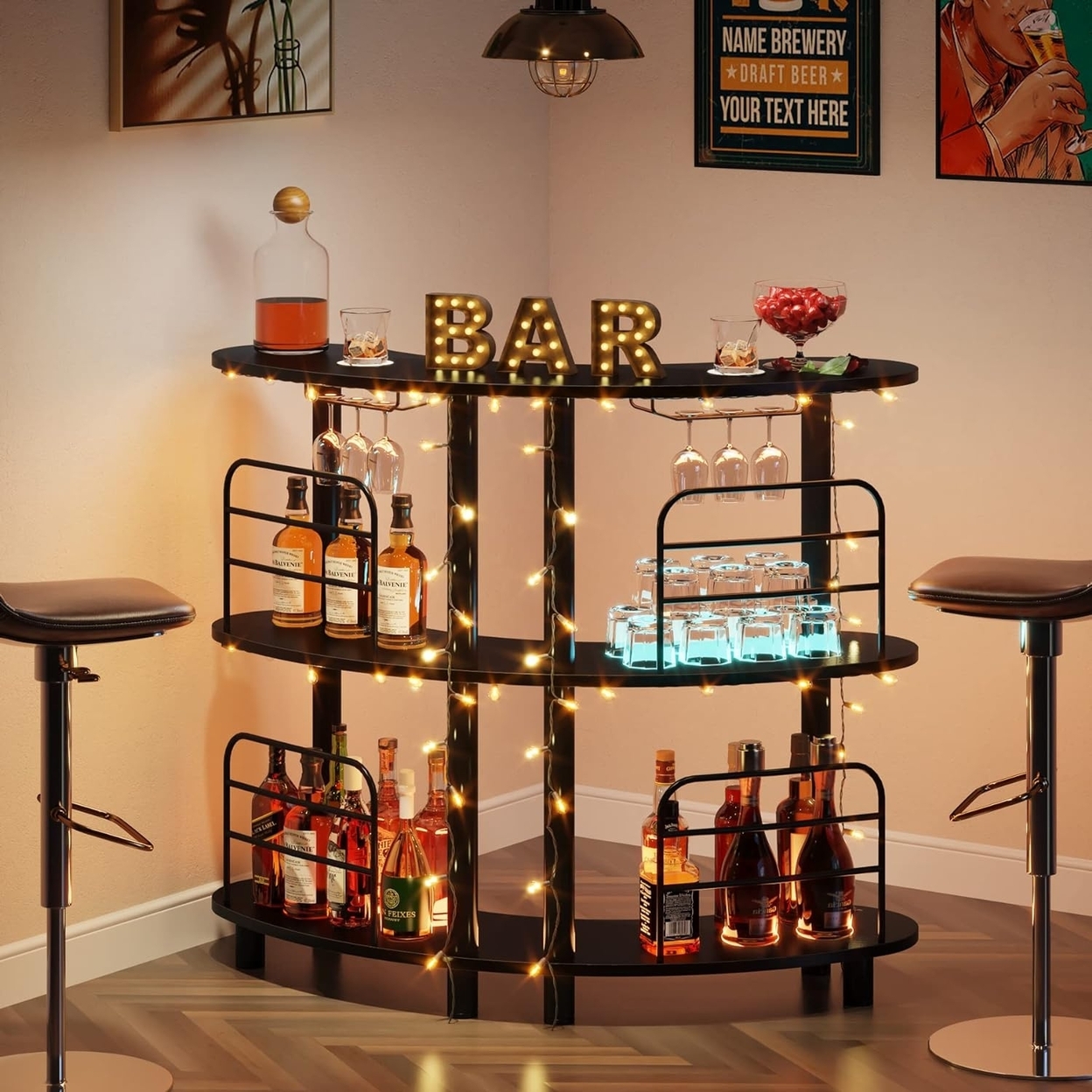 Tribesigns Bar Unit For Liquor, 3 Tier Bar Cabinet With Storage Shelves, Corner Bar Table With Wine Glasses Holder
