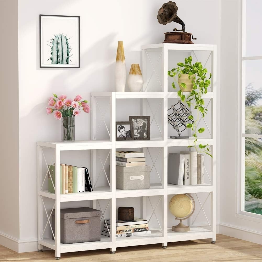 Tribesigns 12 Shelves Bookshelf, Industrial Ladder Corner Bookshelf 9 Cubes Stepped Etagere Bookcase - White
