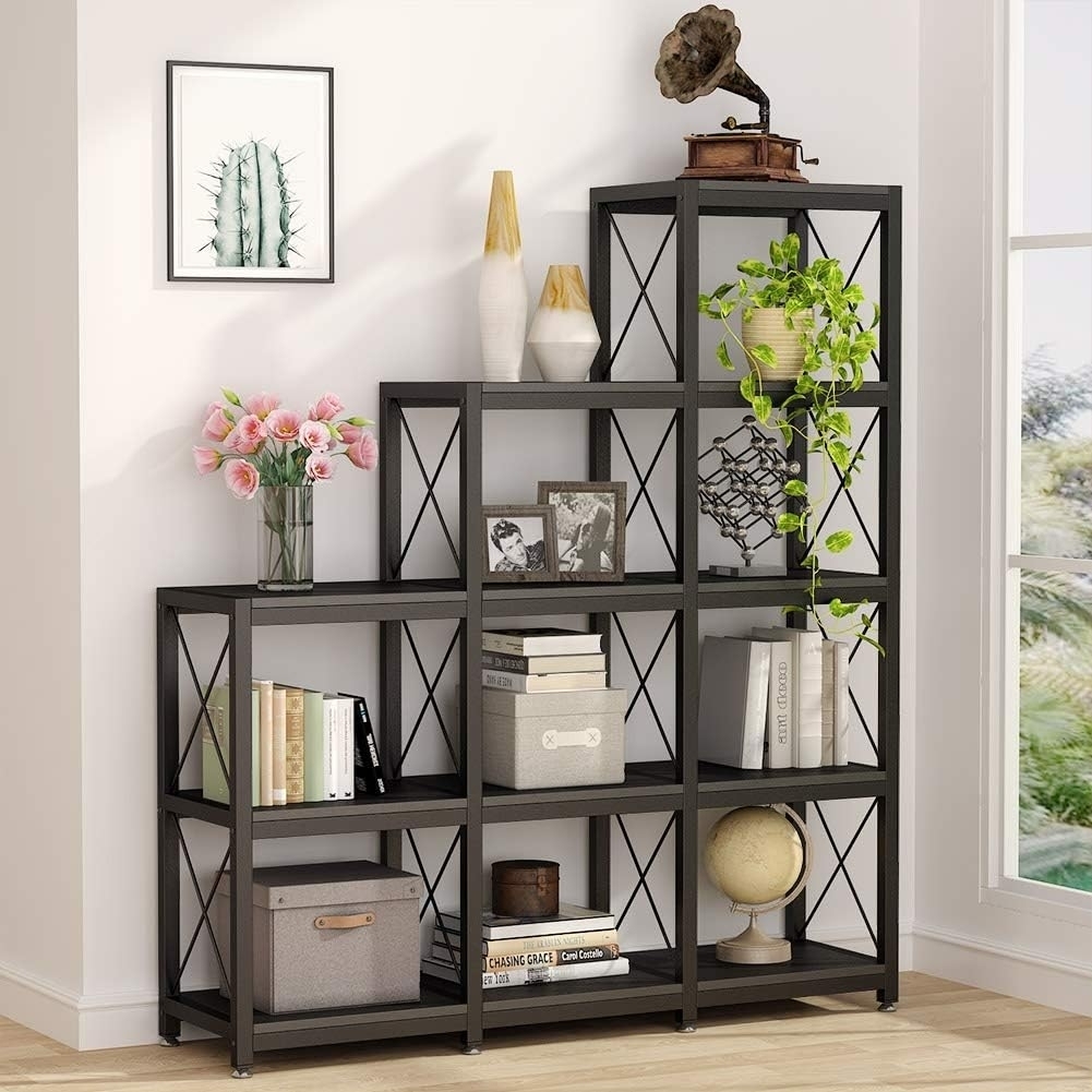 Tribesigns 12 Shelves Bookshelf, Industrial Ladder Corner Bookshelf 9 Cubes Stepped Etagere Bookcase - Black