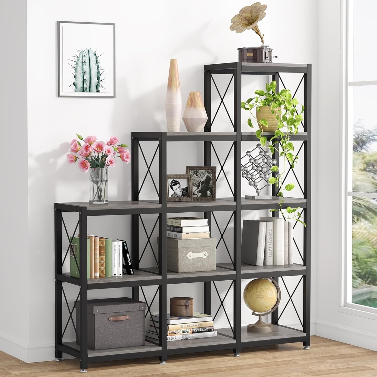 Tribesigns 12 Shelves Bookshelf, Industrial Ladder Corner Bookshelf 9 Cubes Stepped Etagere Bookcase - Grey