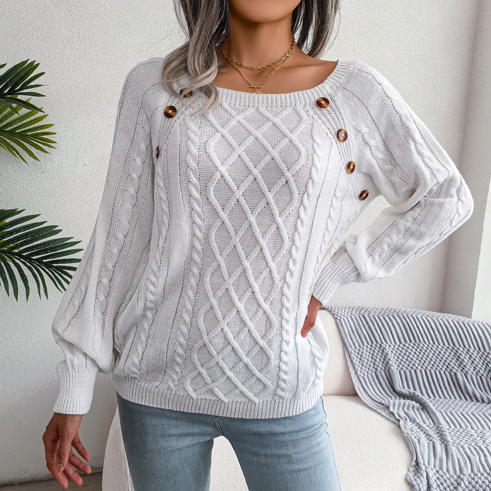 Solid Cable Knit Sweater, Casual Crew Neck Long Sleeve Sweater, Women's Clothing - White, S
