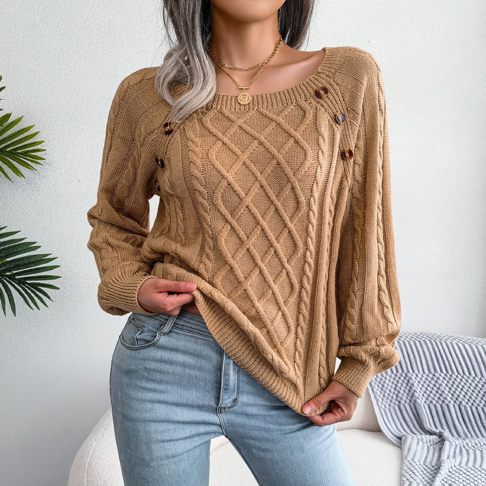 Solid Cable Knit Sweater, Casual Crew Neck Long Sleeve Sweater, Women's Clothing - Khaki, M