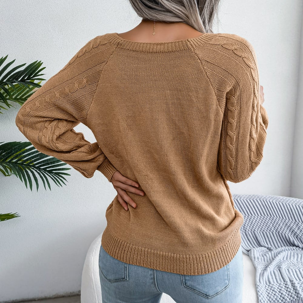 Solid Cable Knit Sweater, Casual Crew Neck Long Sleeve Sweater, Women's Clothing - Khaki, L