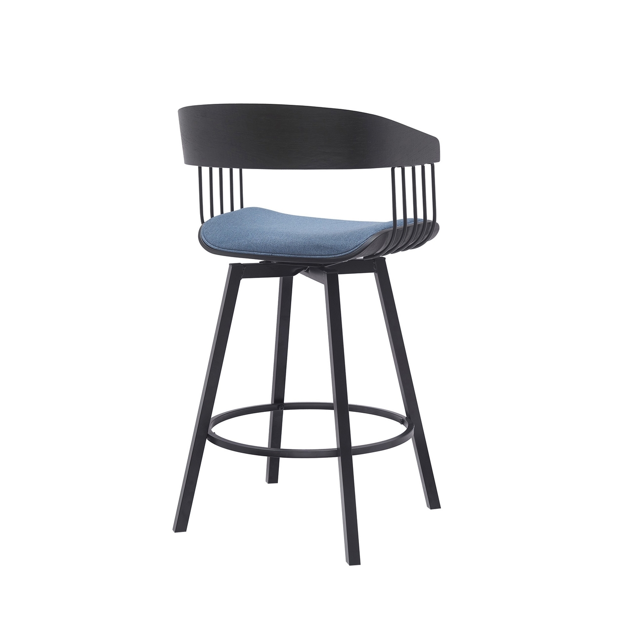 Vera 27 Inch Swivel Counter Stool Chair, Black Open Back, Soft Blue Fabric - Saltoro Sherpi