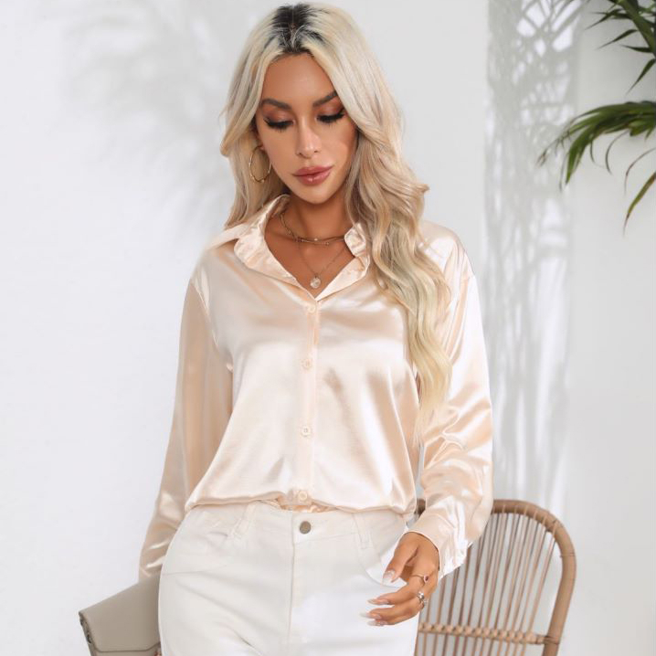 Solid Smoothly Shirt, Elegant Button Front Turn Down Collar Long Sleeve Shirt, Women's Clothing - Champagne, XL