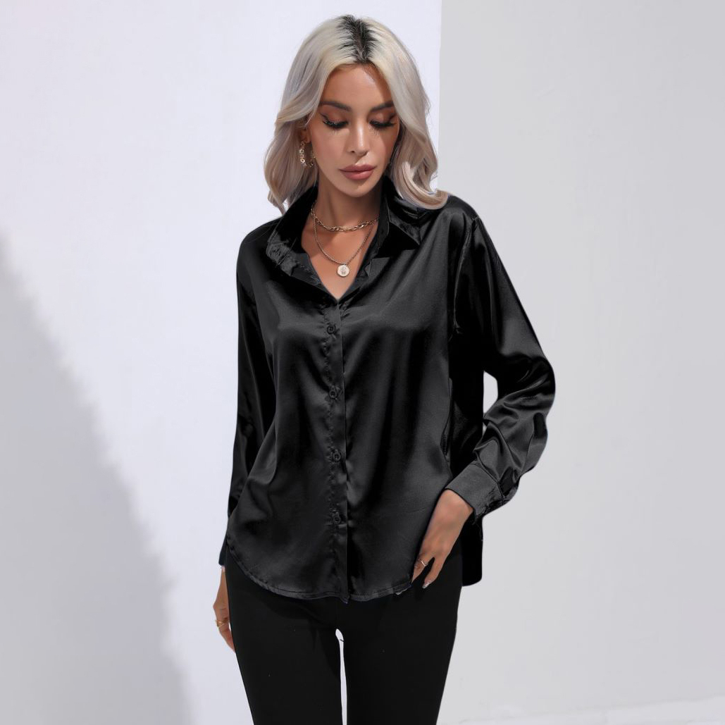 Solid Smoothly Shirt, Elegant Button Front Turn Down Collar Long Sleeve Shirt, Women's Clothing - Black, S