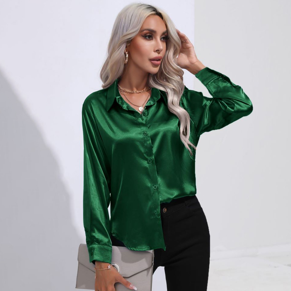 Solid Smoothly Shirt, Elegant Button Front Turn Down Collar Long Sleeve Shirt, Women's Clothing - Green, XXL