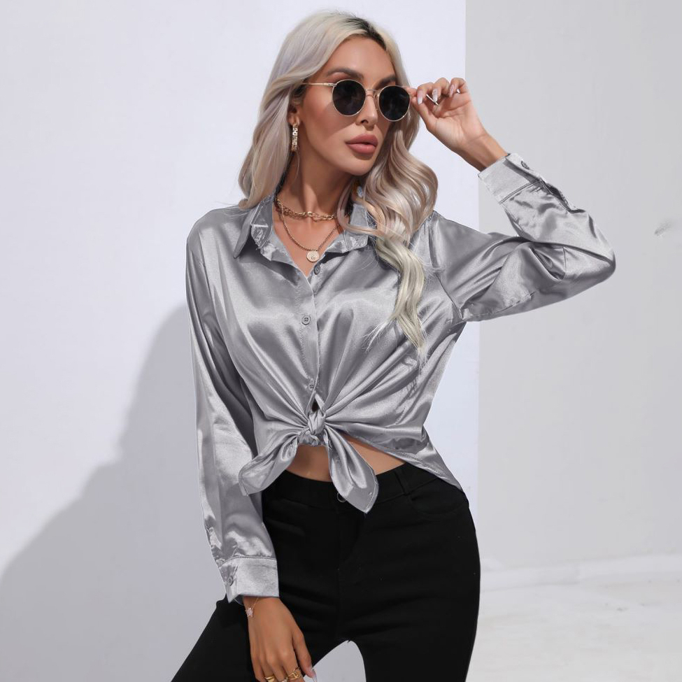 Solid Smoothly Shirt, Elegant Button Front Turn Down Collar Long Sleeve Shirt, Women's Clothing - Grey, M