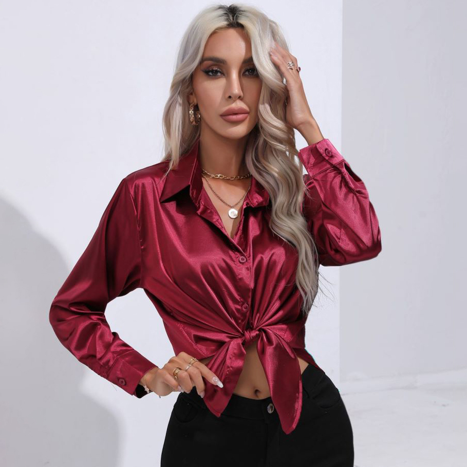 Solid Smoothly Shirt, Elegant Button Front Turn Down Collar Long Sleeve Shirt, Women's Clothing - Burgundy, S