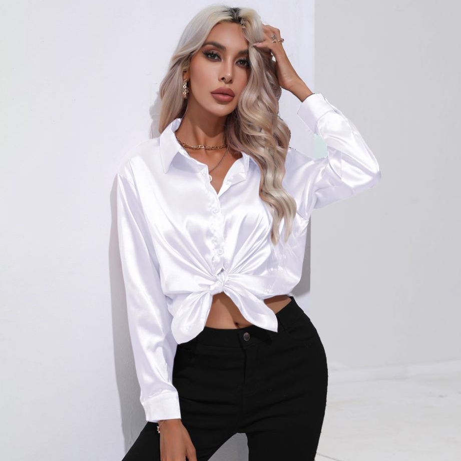 Solid Smoothly Shirt, Elegant Button Front Turn Down Collar Long Sleeve Shirt, Women's Clothing - Champagne, L