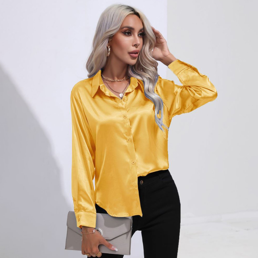 Solid Smoothly Shirt, Elegant Button Front Turn Down Collar Long Sleeve Shirt, Women's Clothing - Yellow, L