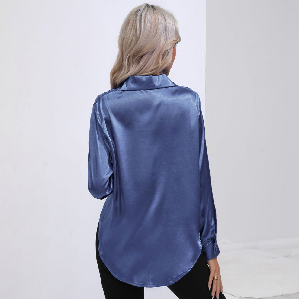 Solid Smoothly Shirt, Elegant Button Front Turn Down Collar Long Sleeve Shirt, Women's Clothing - Blue, XL