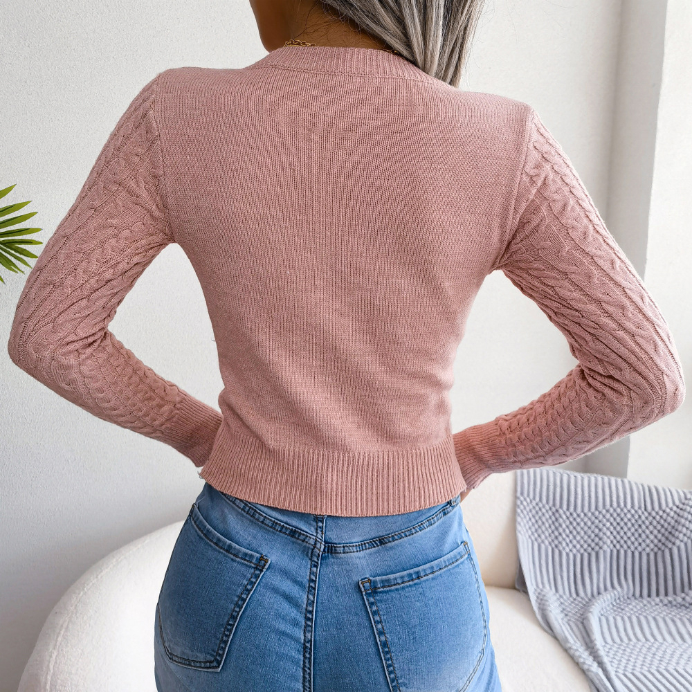 Hollow Twist Knit Sweater Casual Solid Crew Neck Slim Long Sleeve Bottoming Fall Winter Sweater Women's Clothing - Rose Red, L