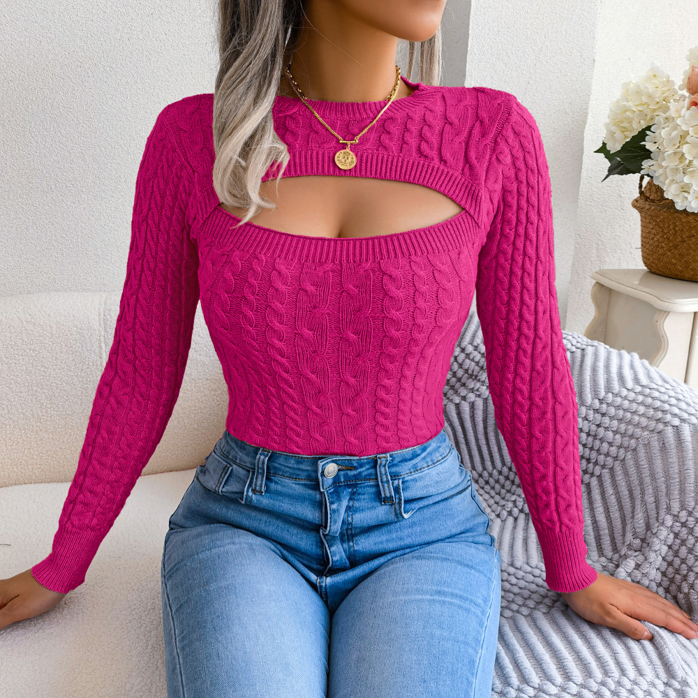 Hollow Twist Knit Sweater Casual Solid Crew Neck Slim Long Sleeve Bottoming Fall Winter Sweater Women's Clothing - Rose Red, M